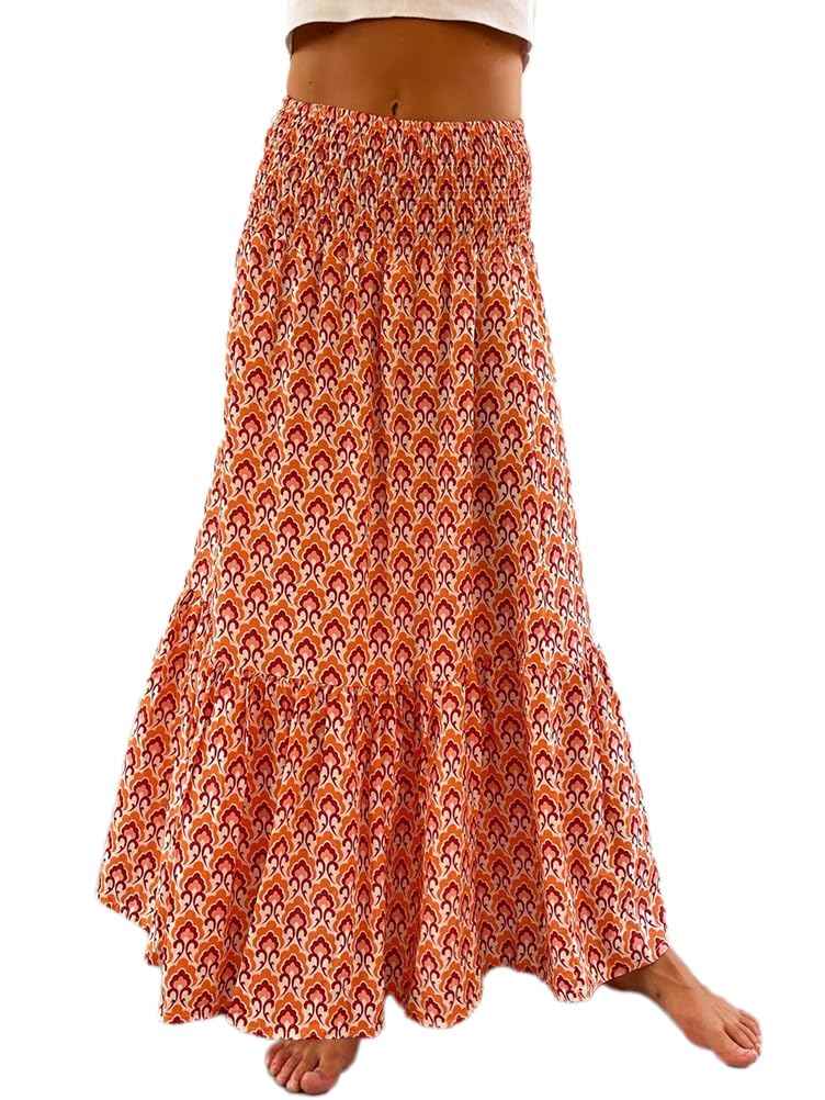 Onsoyours Donna Maxi Gonna Boho Elastico in Vita A-Line Pieghettato Swing Gonna Lunga B Blu S