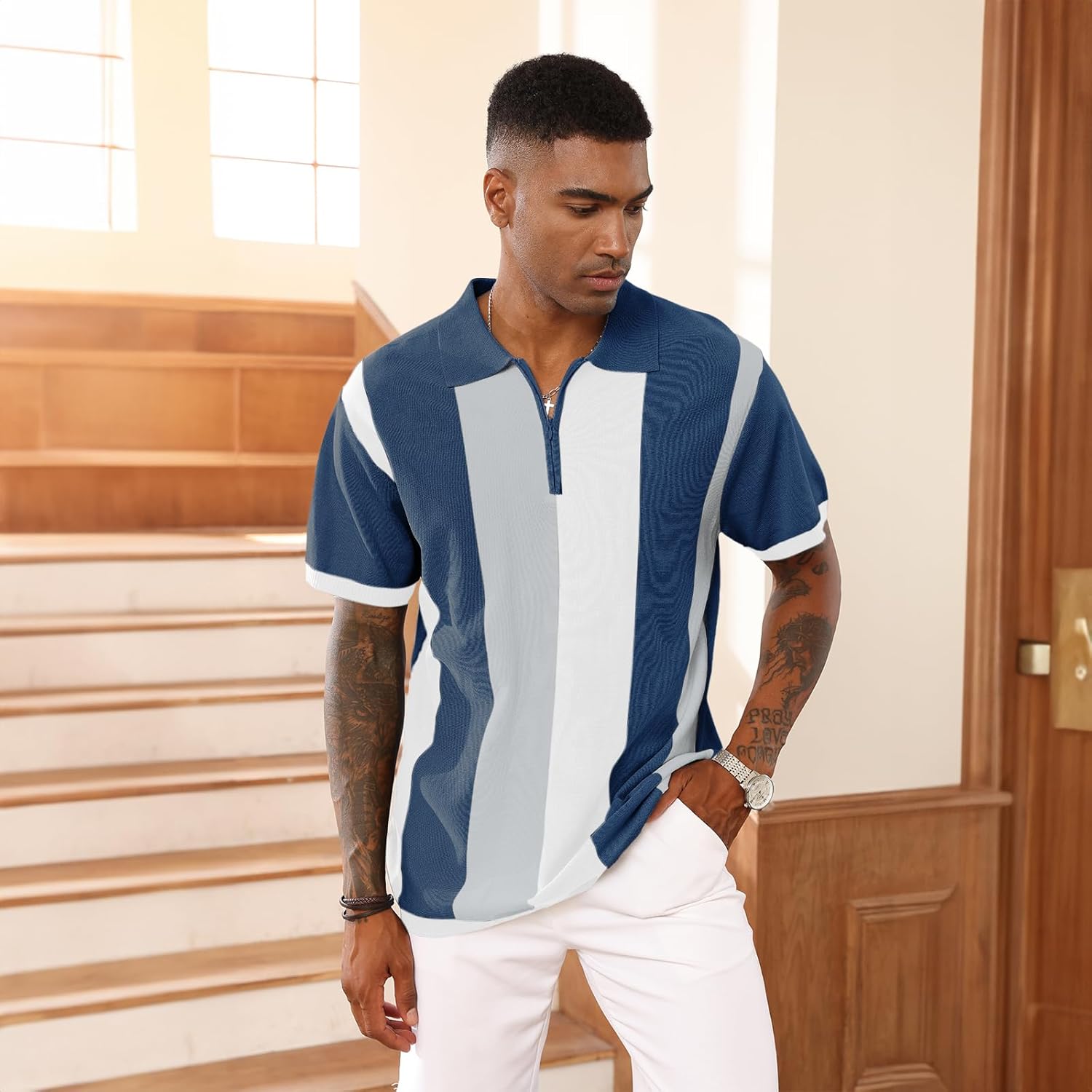 Men's Fashion Polo Shirts Vintage Striped Knitting Shirts Casual Slim Fit Golf Shirts - Image 2