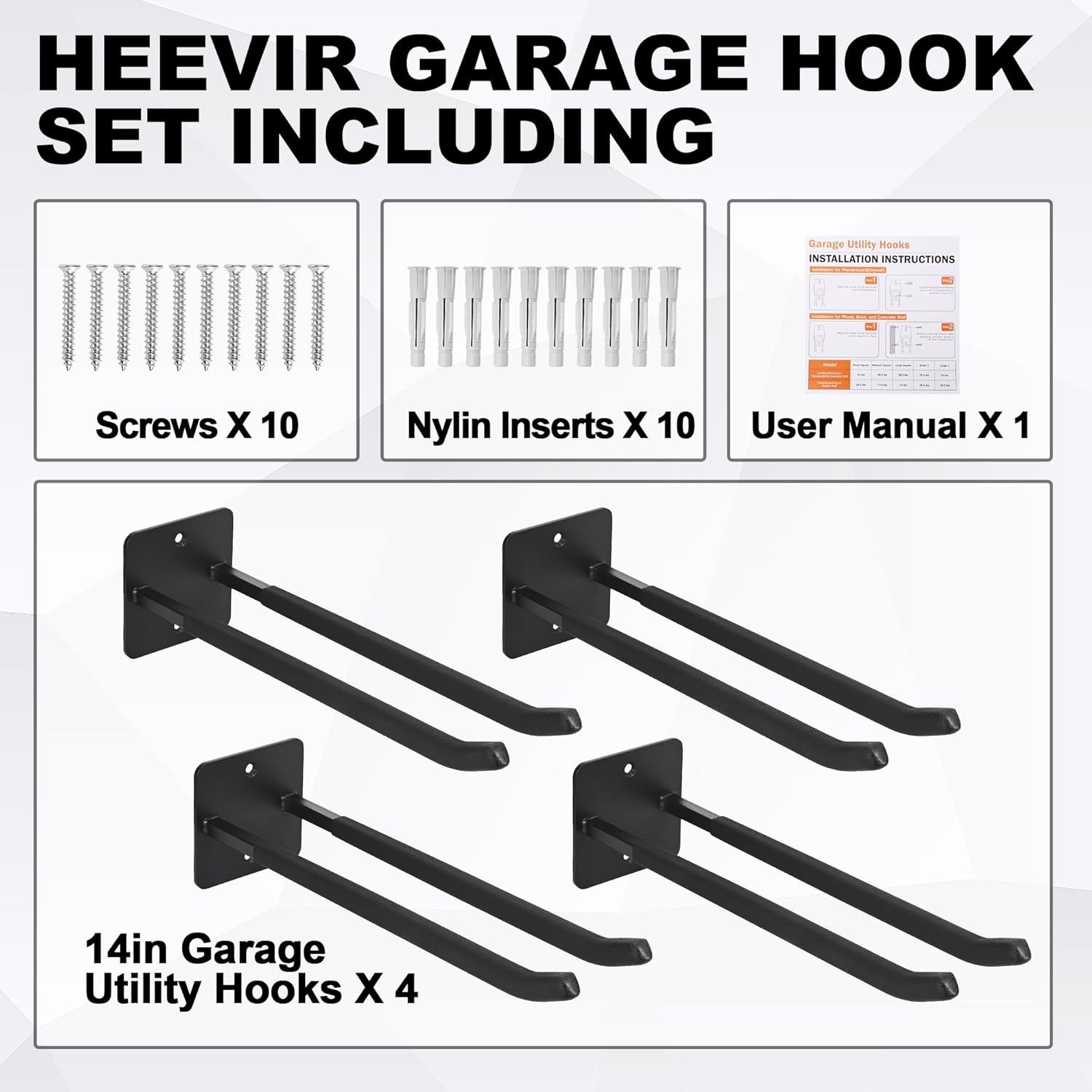 14 Inches Extra Large Garage Hooks, 4Pcs Heavy Duty Garage Wall Mount Organizer, Tool Hanger Long Utility Storage Hooks for Hanging Tire, Chair, Ladder, Garden Tools, Strollers and More - Image 4