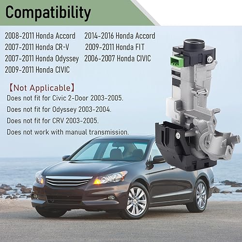 Miniatura 2 de 35100-SDA-A71 - Conjunto de cilindro de bloqueo de puerta con 2 llaves compatible con Honda Accord CRV FIT Odyssey Civic 2006-2011 (sin cilindro de