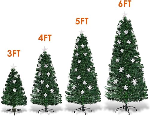 Miniatura 7 de Goplus Árbol de Navidad de fibra óptica preiluminado de 4 pies, árbol completo de Navidad artificial con luces LED de copo de nieve coloridas, 125