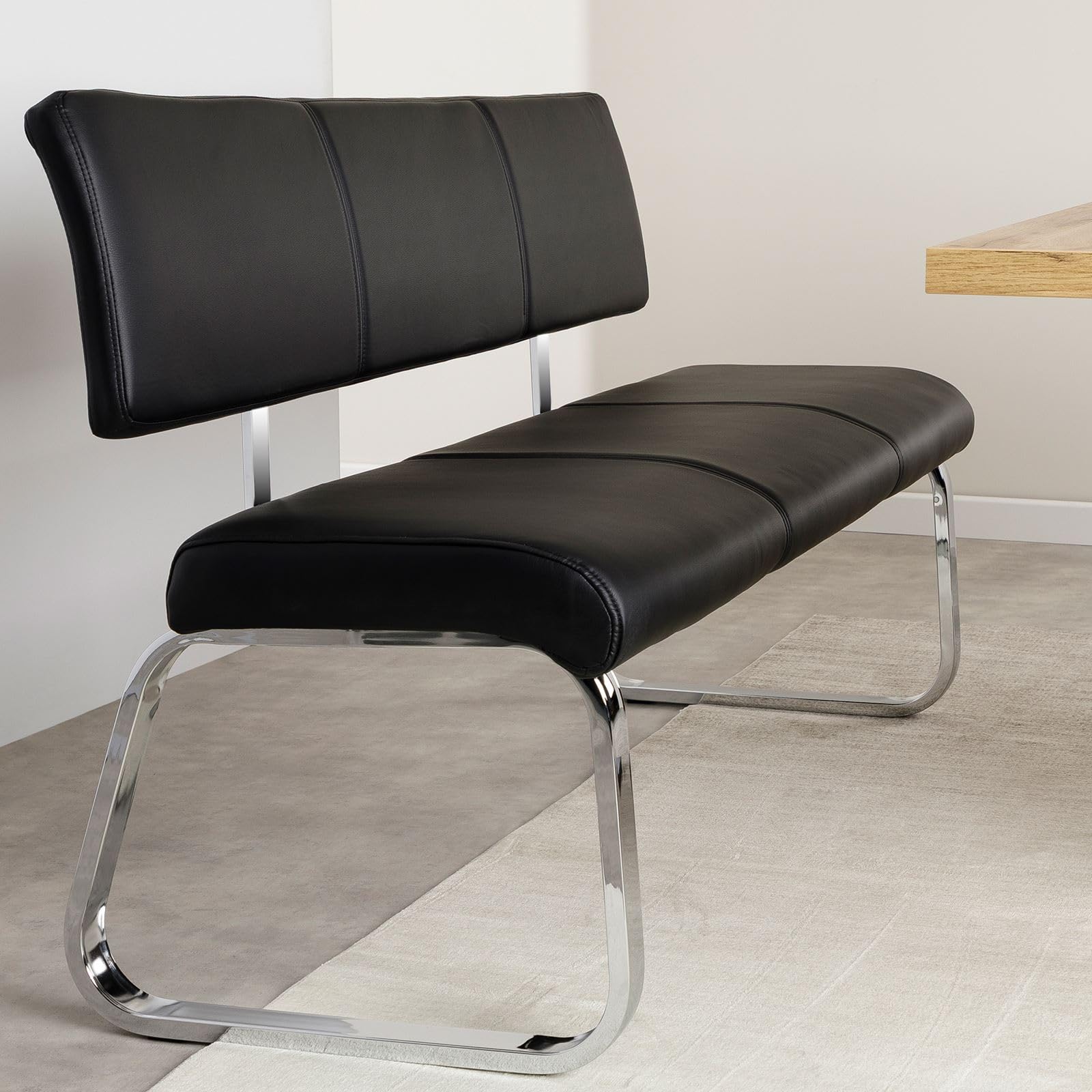 IDIMEX Banc Design Vilas siège avec 3 Places, Banquette au piètement chromé et Dossier au revêtement synthétique Noir
