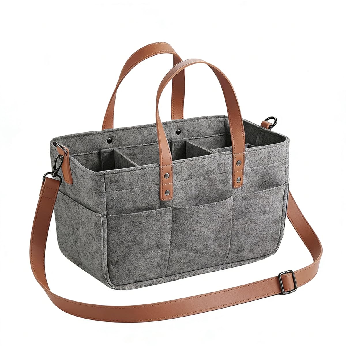 Filztasche Einkaufskorb, Filztaschen Einkaufstasche mit Fächern, Filztasche Storage Faltbar, Robust Kaminholztasche für Outdoor Trips, Picknick, Einkaufen, Grau, 38x23x18cm