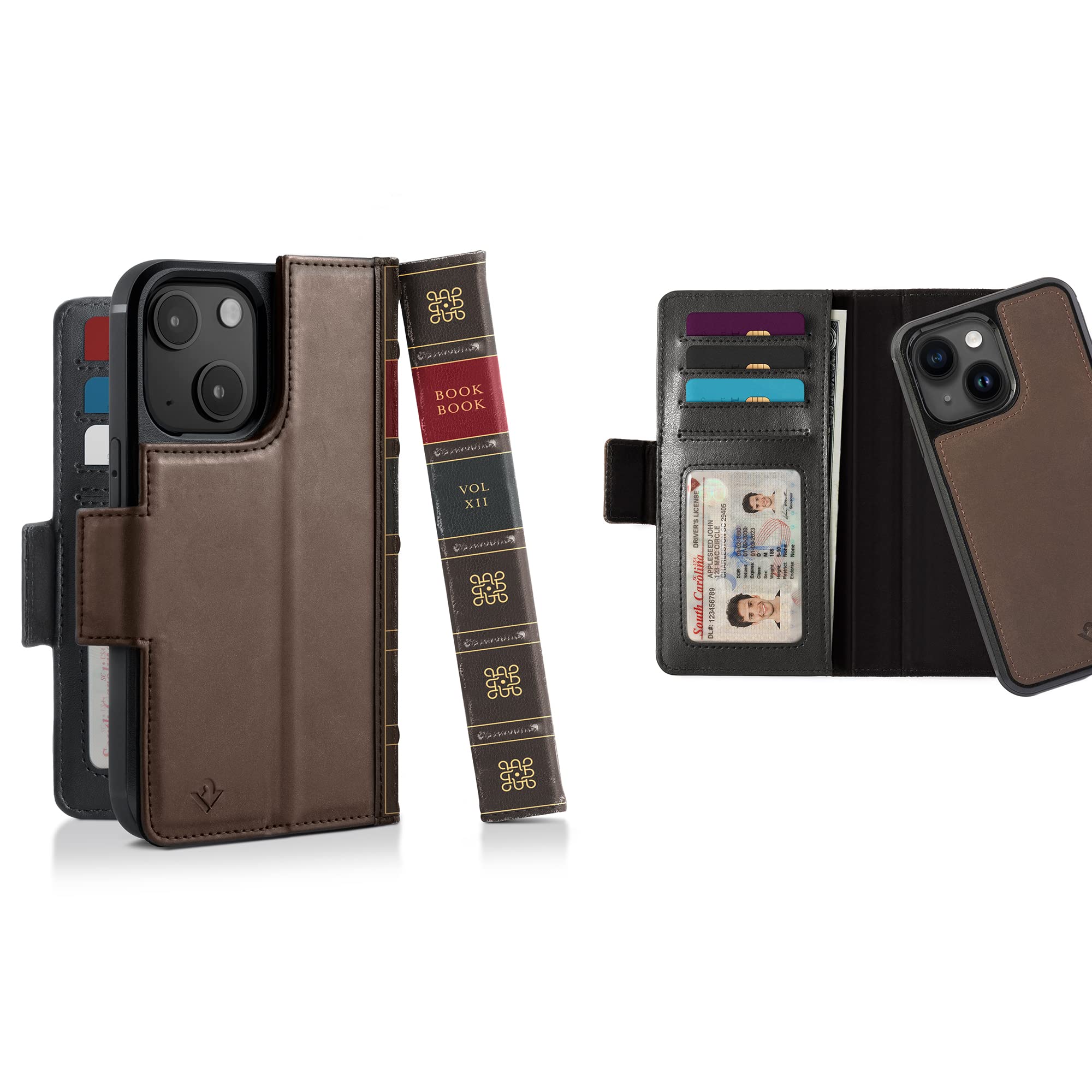 Twelve South BookBook for iPhone 14 | MagSafe Compatible Full-Grain Leather Wallet Case with Display Stand + Removable Stand-Alone Leather Accent Case, Brown