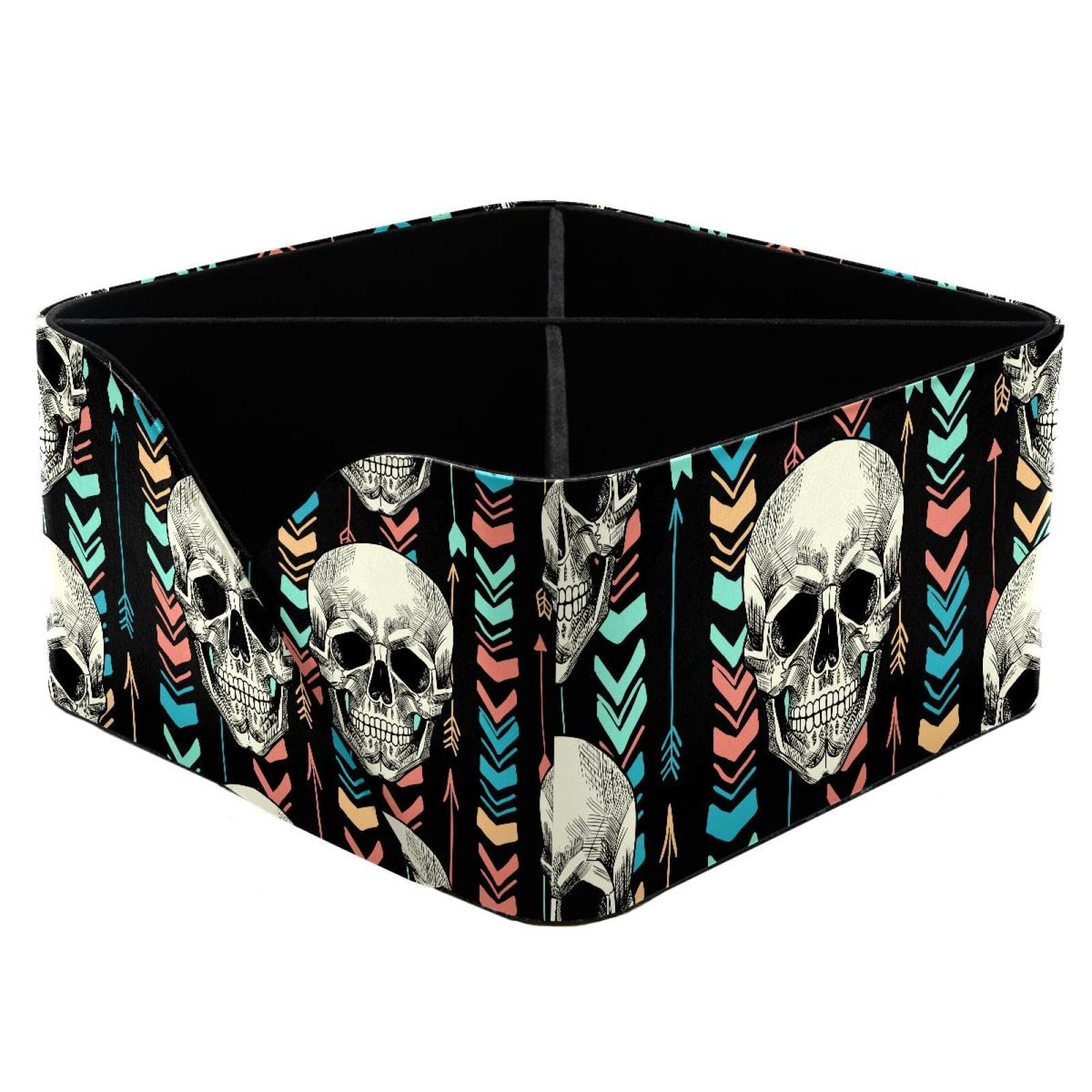 KengjuTesu Skull Geometric Tribe Pattern Desktop Organizer Pen Holder, Rectangular Pencil Cup for Office, Study and Makeup Stations