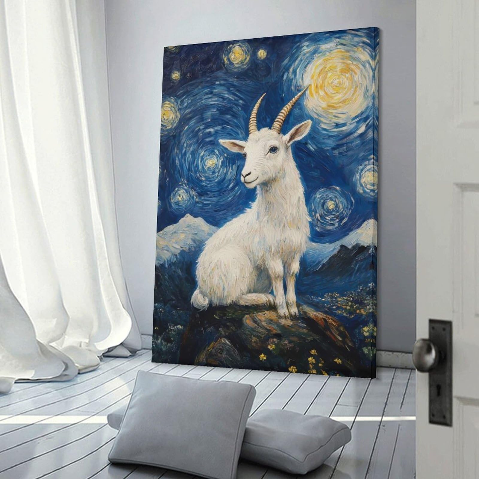 Junmoney Canvas Wall Art Goat Under Starry Night, 12x18inch(30x45cm), for New Homes, Bedrooms Or Workspaces, Canvas Artwork with Gifting Potential