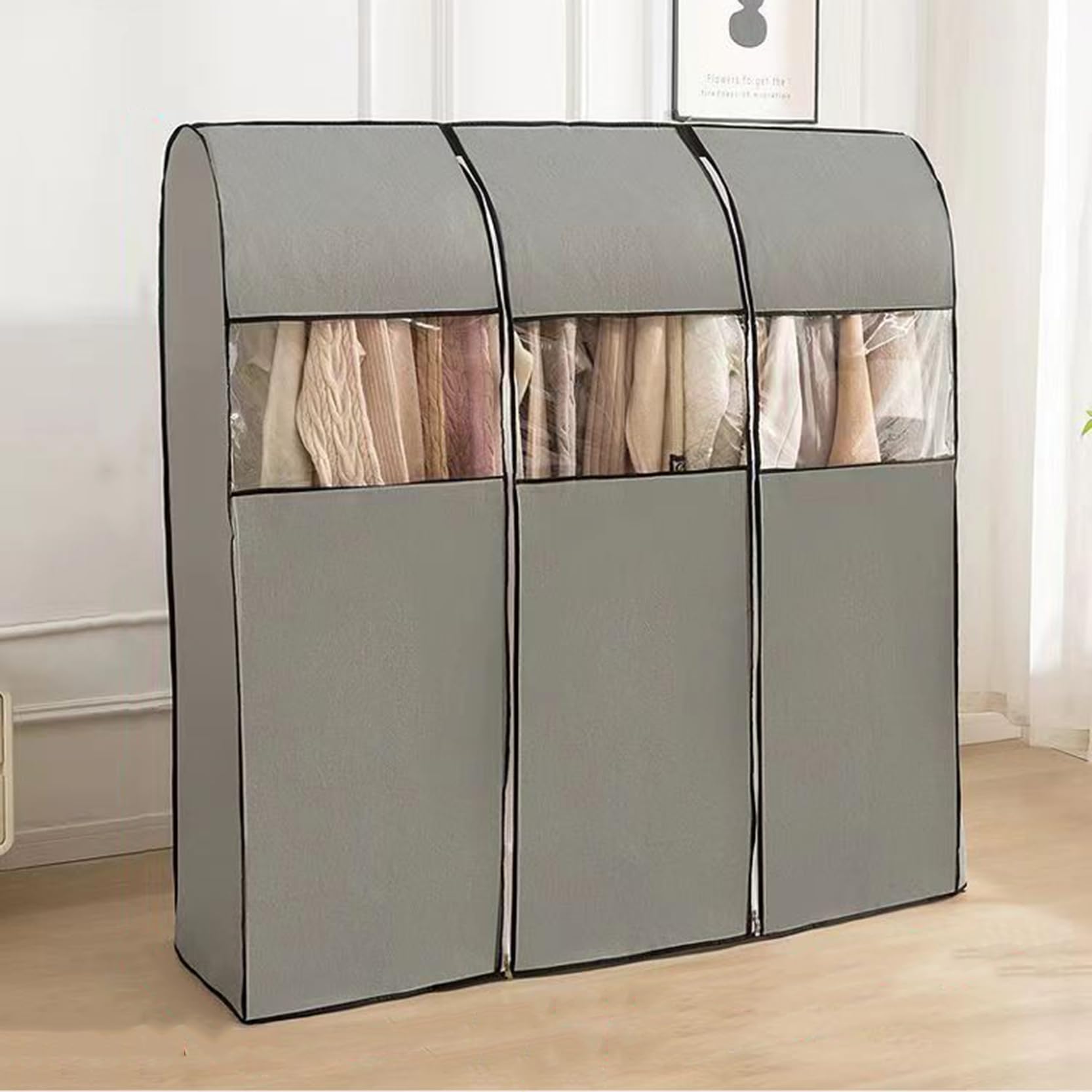 XYLGJYT Dustproof Protective Cover for Clothes Rail,Breathable Clothes Garment Rack Cover with Durable Zippers,for Garment Hanging Coat Racks,for Dresses, Coats,Grey-150 cm