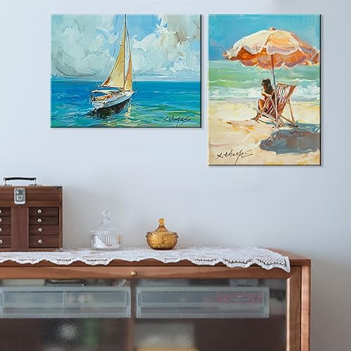 Miniatura 4 de Lienzo decorativo para pared, diseño de mujer en silla bajo un paraguas de playa naranja, imágenes de paisaje marino del océano, ilustraciones para