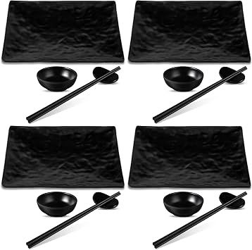 Didaey 16 Pcs Sushi Plate Set for Four, 4 Japanese Style Sushi Plates 4 Soy Sauce Bowls 4 Pair Chopsticks and 4 Chopstick Holders Sushi Dinner Dinnerware Set