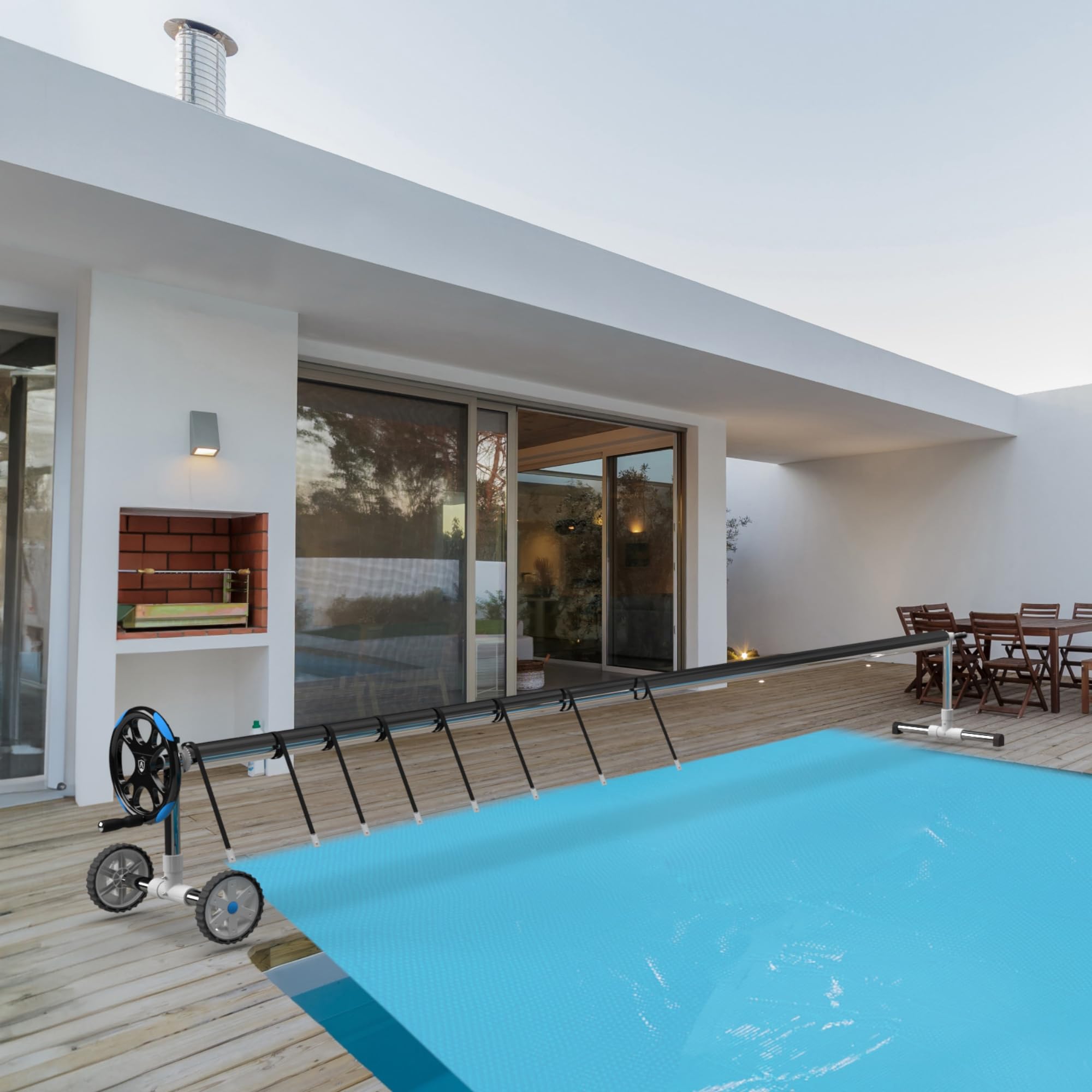 AREBOS Système d'enroulement Mobile pour bâches solaires et bâches de Piscine 3m-5,70m Résistant aux Intempéries Fixation et Rouleaux Inclus