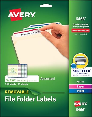 Avery Etiquetas para carpetas de archivos con alimentación segura, 23 pulgadas x 3-716 pulgadas, 750 etiquetas imprimibles, extraíbles, surtidas