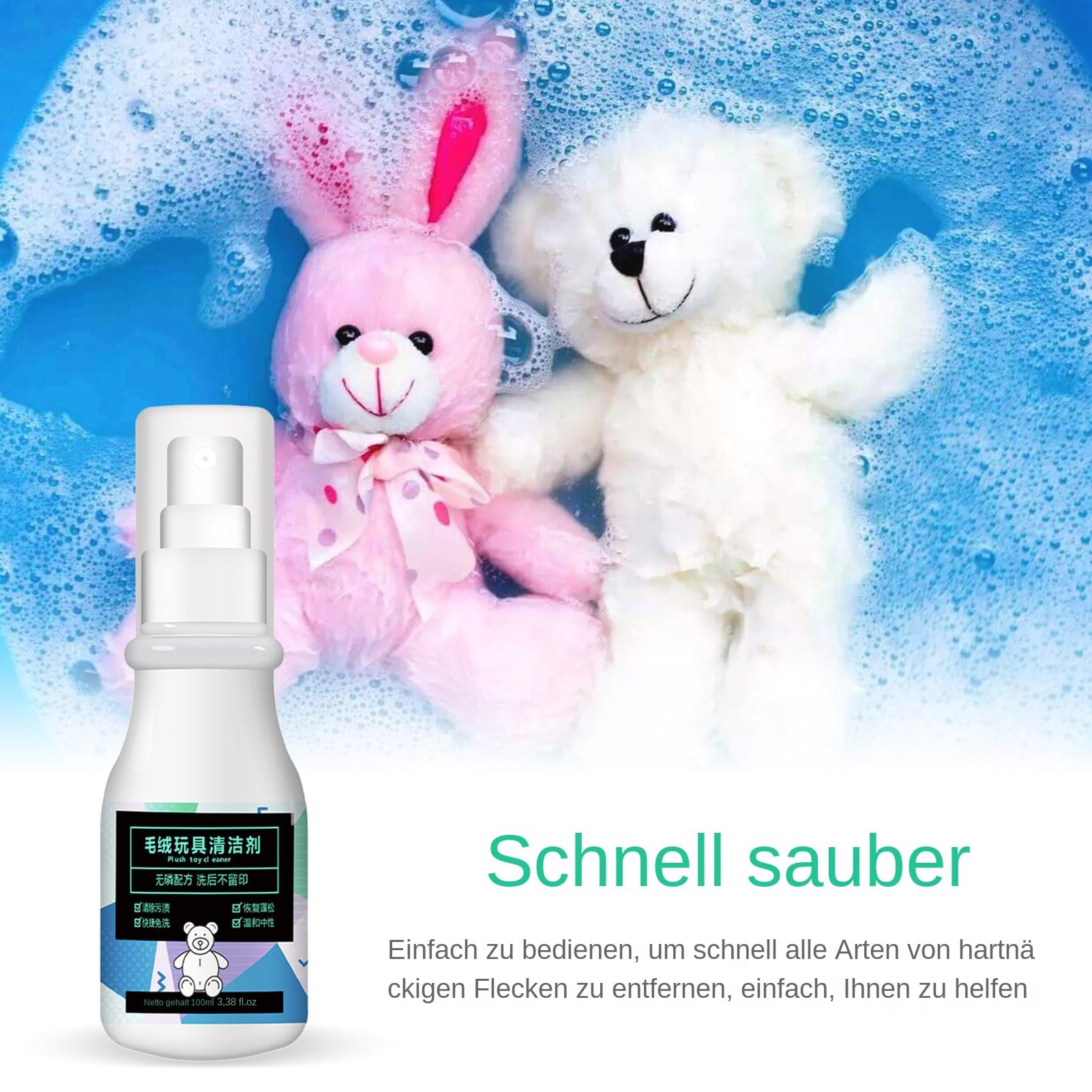 Pulitore a secco di peluche, pulitore per animali di peluche, 100 ml, soluzione di pulizia per divani di stoffa e sedili auto