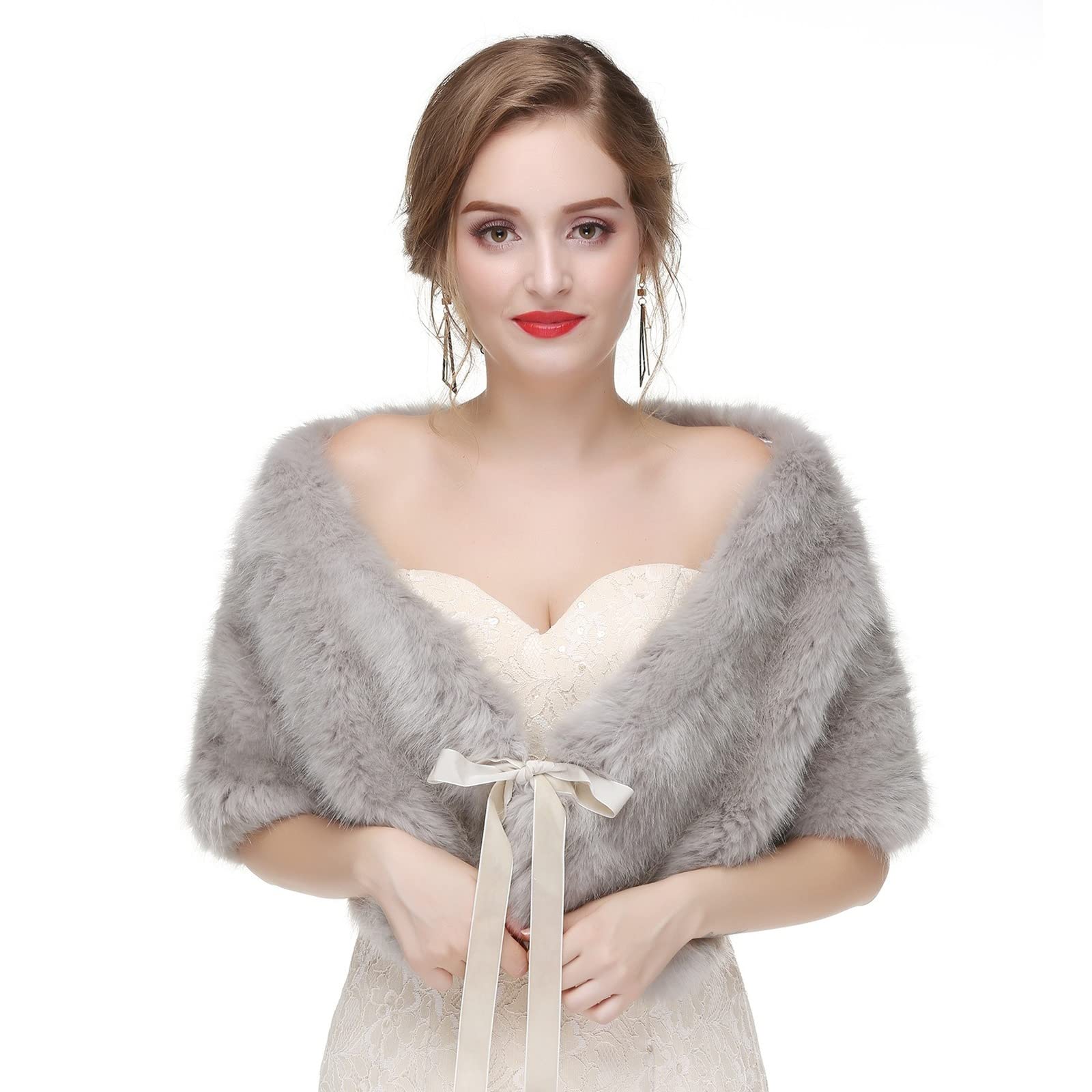 Women Faux Fur Wrap Shawl Gorgeous Bridal Bridesmaid Stole Plush Bridal Wedding Wrap Fluffy Dress Cape Warm Scarf Evening Coat for Winter Wedding Party (grey)