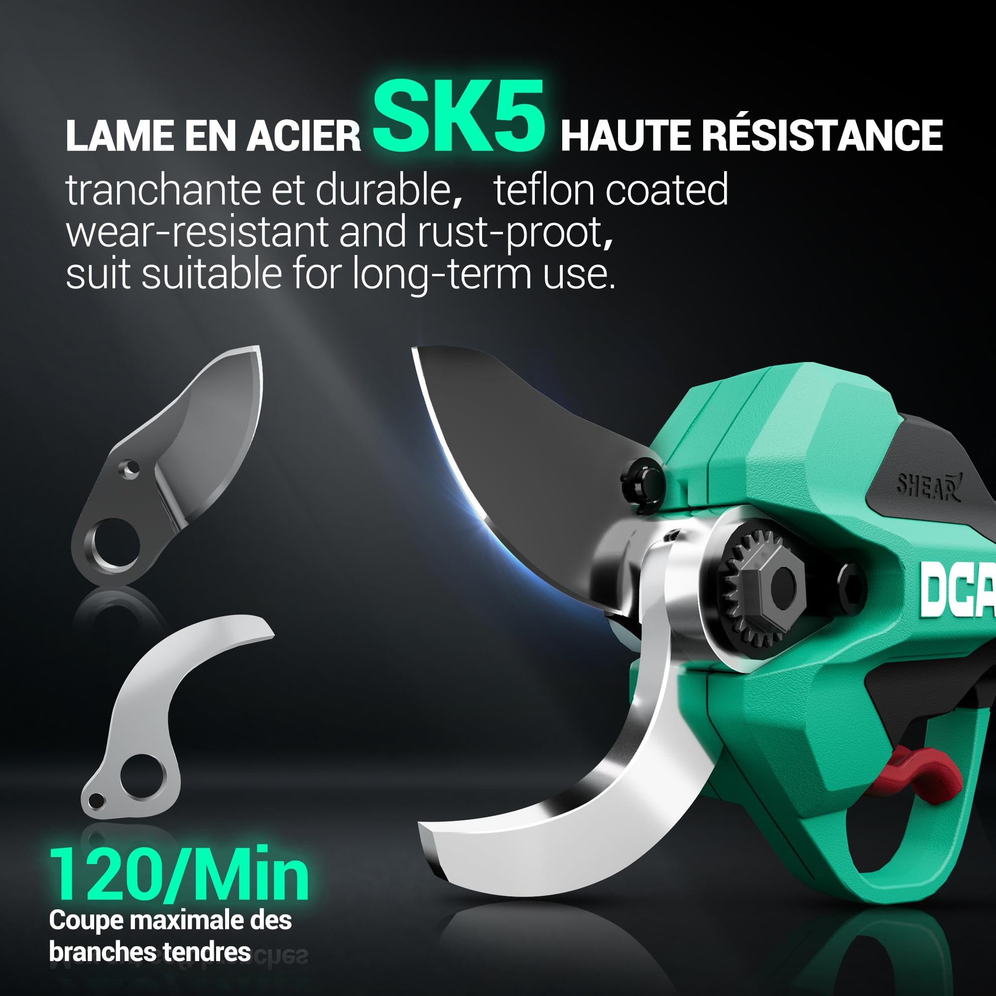 DCA Sécateur Électrique Sans fil 20V, max 35mm Secateur Electrique Moteur Sans Balais avec batterie 2,0Ah, lame SK5 avec étui de sécurité portable pour la taille jardinage vignoble arbres fruitiers