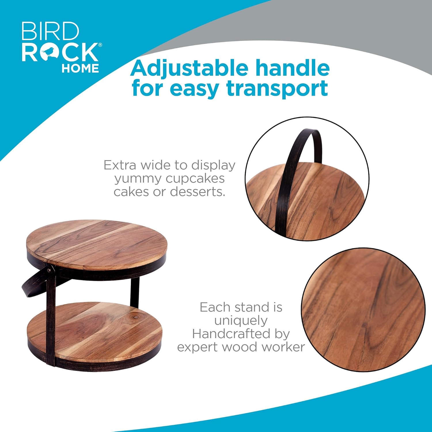 BIRDROCK HOME 2-Tier Cupcake and Cake Stand with Handle - Rustic Wood & Iron Dessert Serving Tray - Farmhouse Style Table Display for Cookies, Appetizers, and Treats - Round, Modern, Decorative