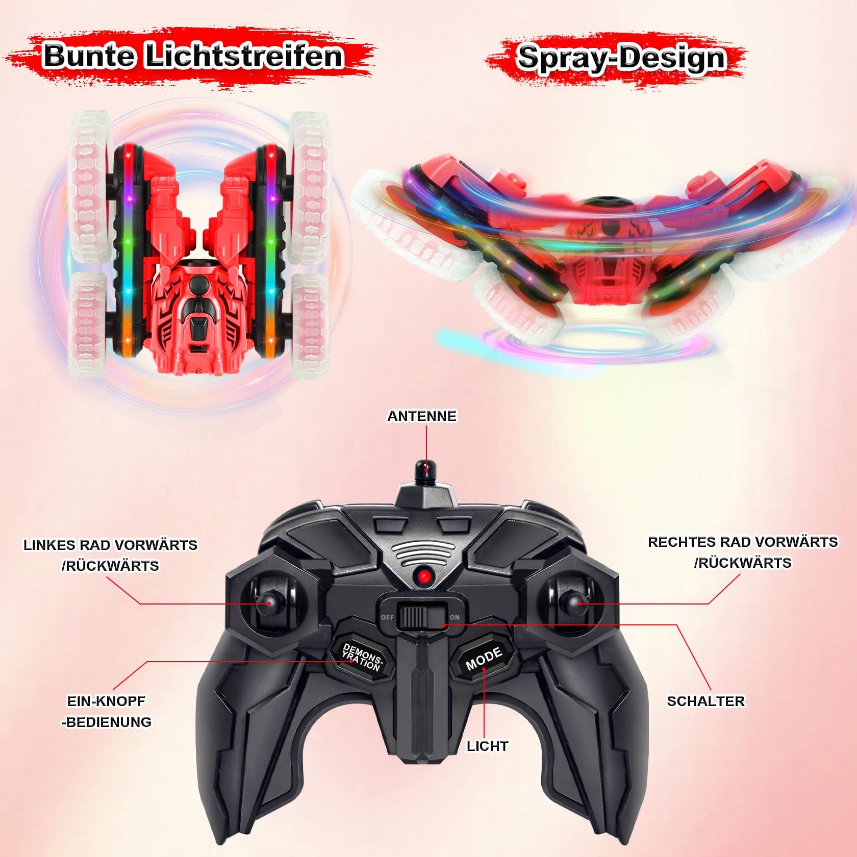 MidiVix Ferngesteuertes Auto für Kinder, Cool Lights 360° Spin Double Sided Flips RC Autos, Outdoor 4WD Off Road Stunt Car, Spielzeug für Jungen Mädchen Alter 6-12 Geburtstag Geschenk Rot