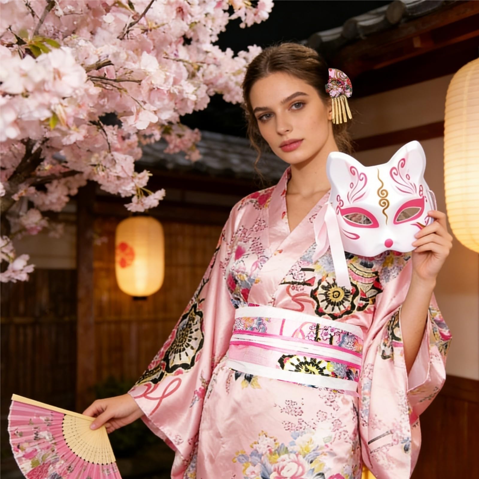Damska tradycyjna japońska sukienka kimono z nadrukiem kwiatowym z paskiem sukienka japoński szlafrok Yukata kostium cosplay zestaw
