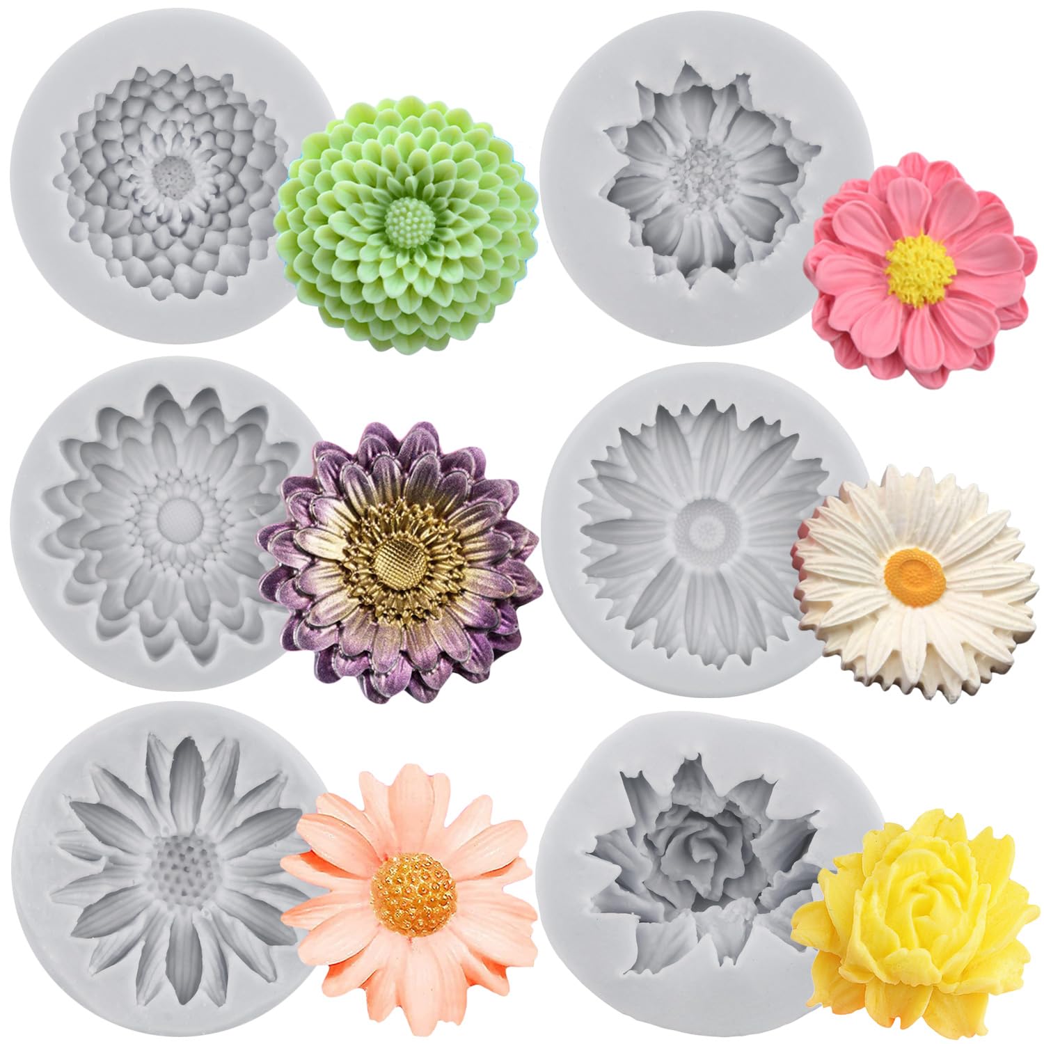 Chrysanthemum Flower Silicone Mould Flower Fondant Moulds Daisy Chocolate Candy Mould for Cake Decorating Cupcake Topper Polymer Clay Gum Paste Set of 6