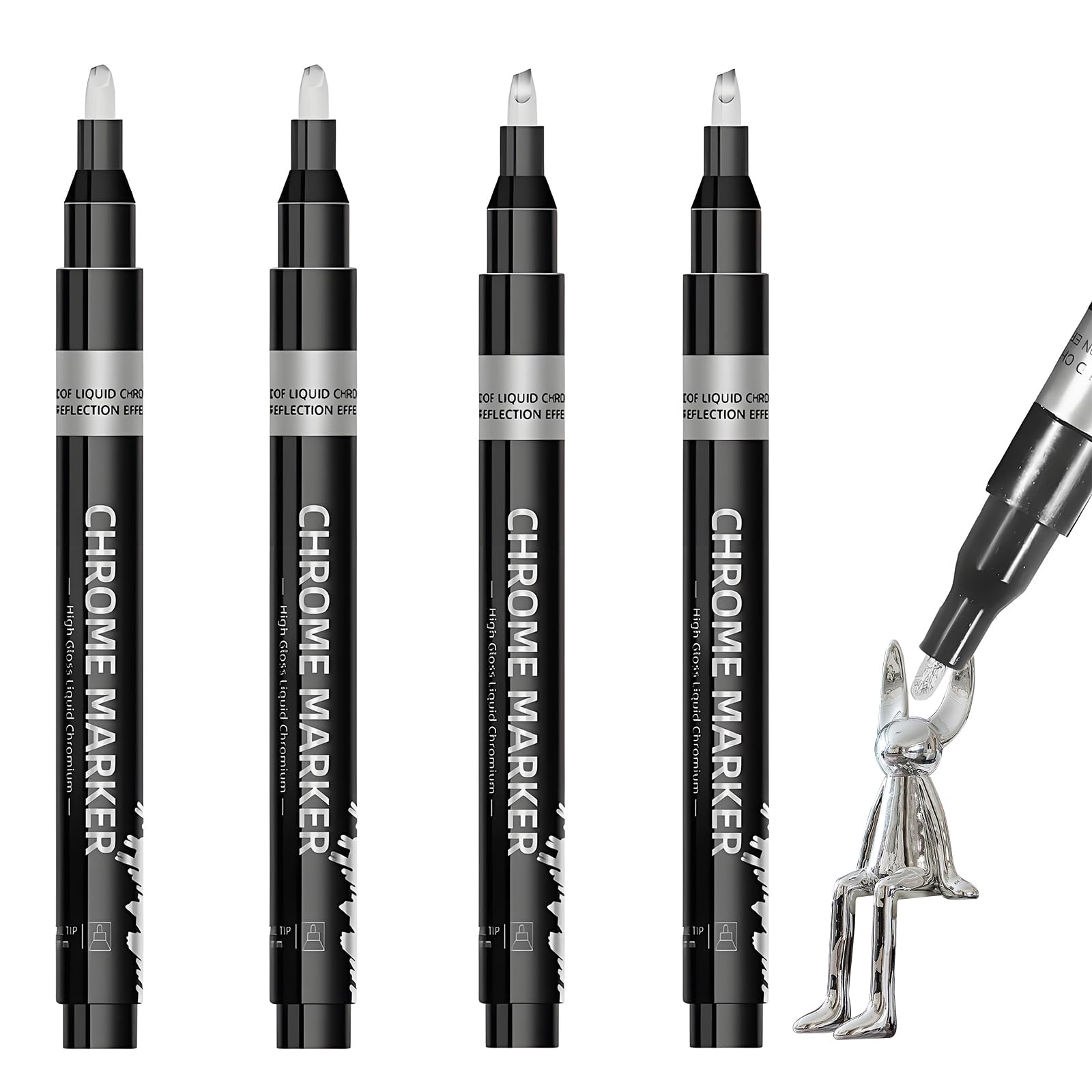 Alriedy 4PCS Silver Metallic Chrome Paint Pens, Mirror Liquid Chrome Touch Up Markers for Metal Plastic Glass Repair, High Gloss Permanent Silver Marker Pens with 0.7mm and 1mm Tips for DIY Craft