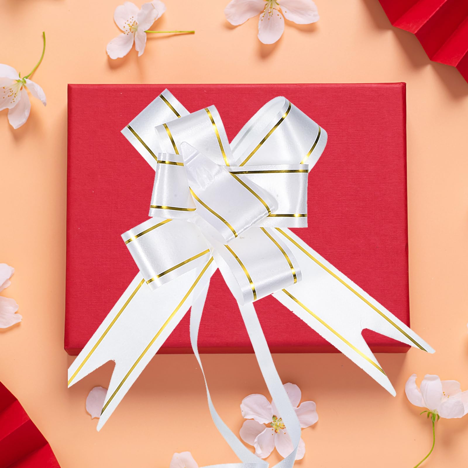 M METERXITY 40 Pack Pull Bows - Gold Thread Style Present Wrap String Bow, (2.8" White) - Image 2