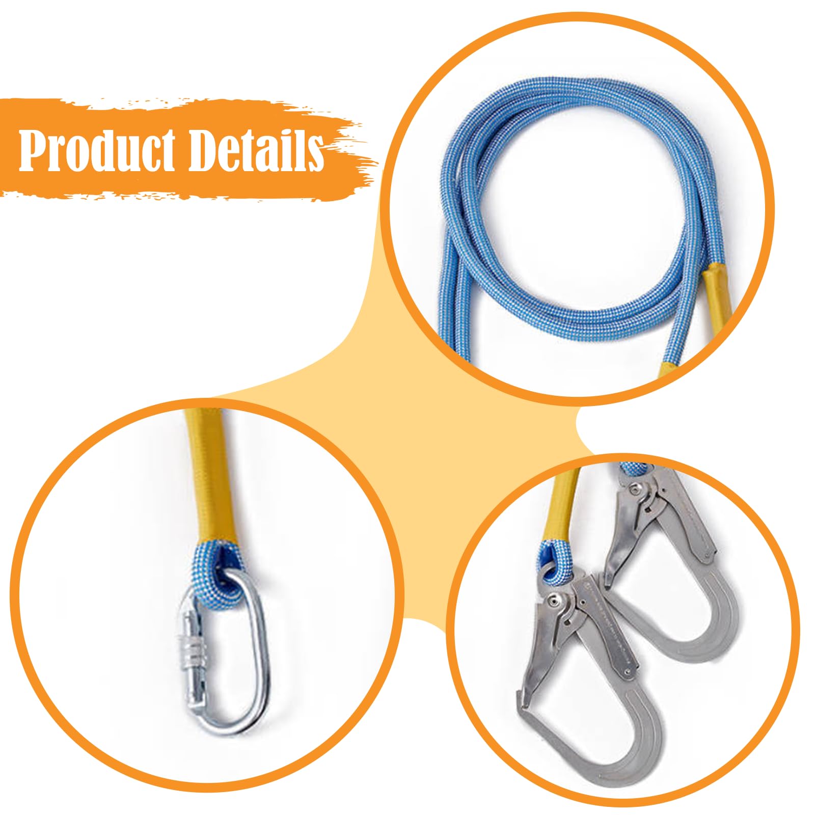 Longe de Sécurité Antichute Double avec Crochet - Ligne de Vie de Retenue pour Toiture Verticale, Travaux en Hauteur et Escalade d'Arbres, Compatible Harnais Standard