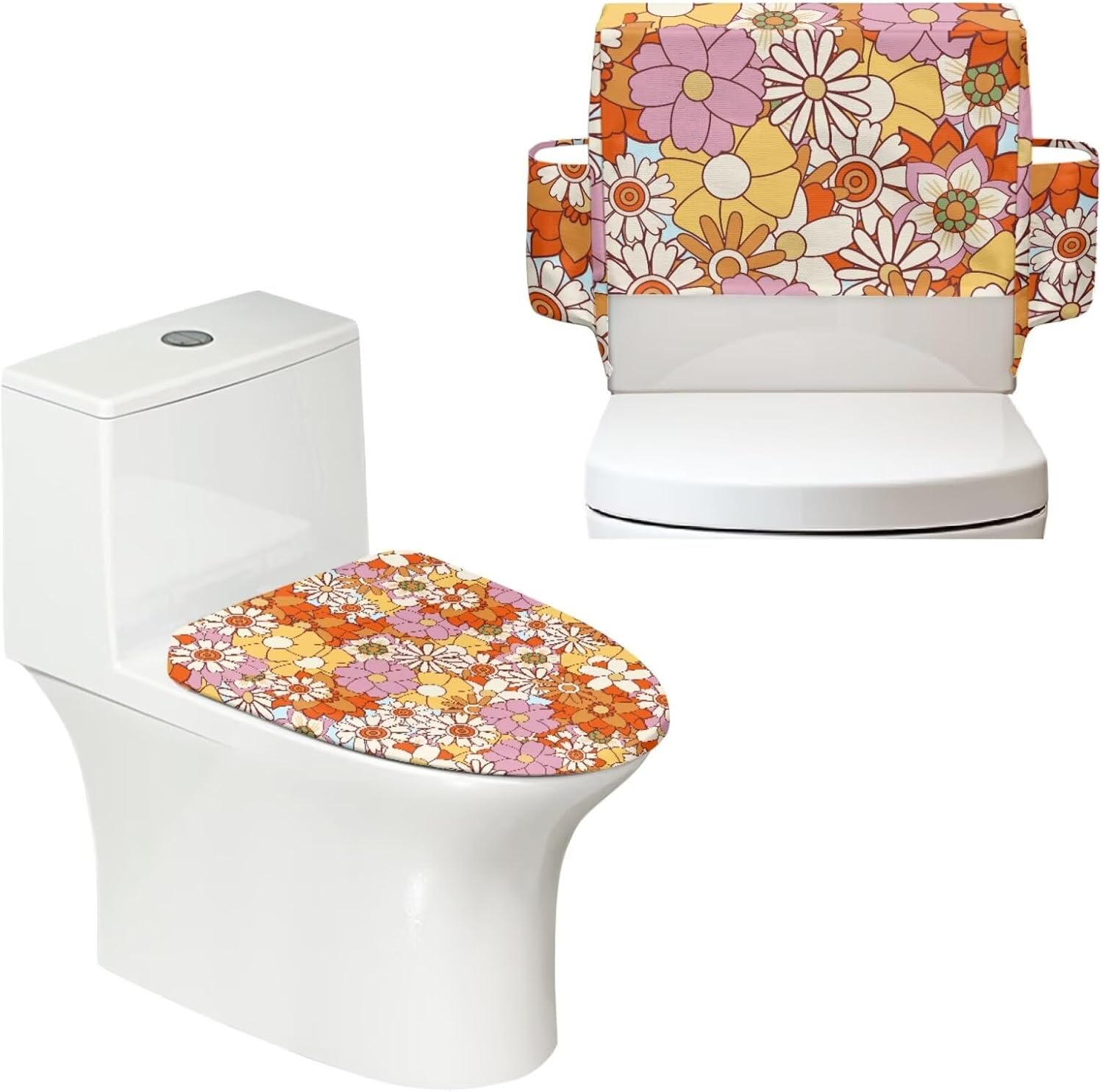 80s 90s Groovy Hippie Flower Pattern Toilet Lid and Tank Cover Set, Toilet Tank Protections with 2 Storage Bags Toilet Lid Cover Replacement Tank Lid Protector 2 Piece for Indoor Bathroom