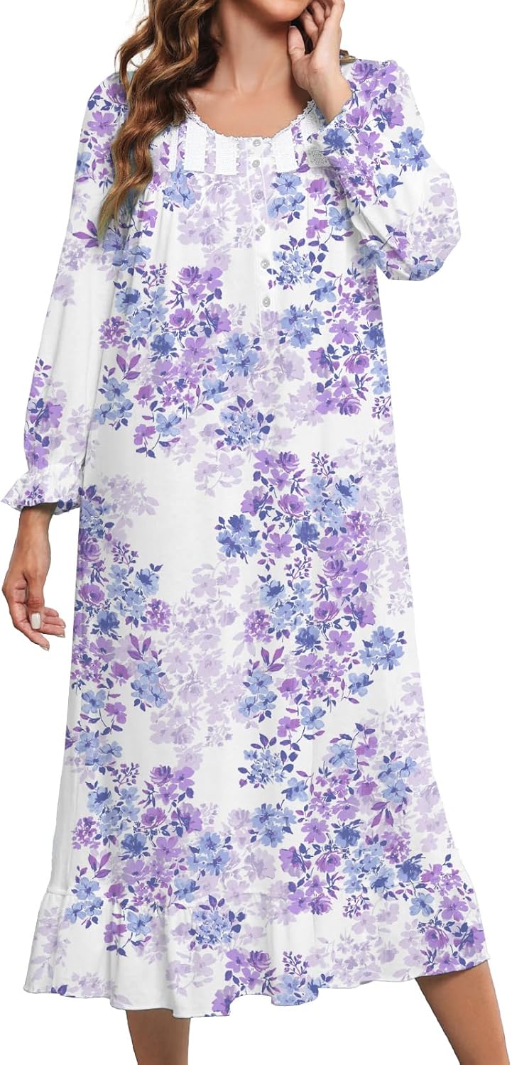 Cotton Nightgowns for Women Long Sleeves House Dress Nightdress Full Length Sleepwear Loungewear