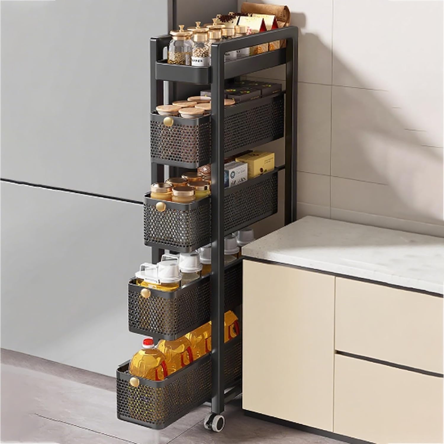 Narrow Bathroom Towel Storage Cabinet, Sturdy Metal Frame Cart, Space Saving Design, Easy to Clean for Kitchen, Dining Room, Living Room, Home Office