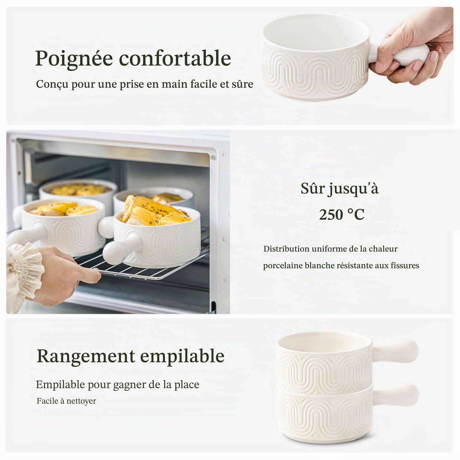 INSETLAN Lot de 4 bols à soupe de 530 ml avec poignée, bols à soupe à l'oignon français avec poignée, bols en céramique pour soupe, chili, ragoût de bœuf, résistants aux éclats, passent au
