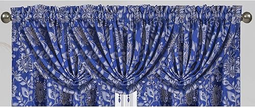 Magnolia - Panel de ventana con bolsillo para barra de jacquard floral y tratamientos de cenefa de PREMIUS, con cenefas de cascada con cuentas y