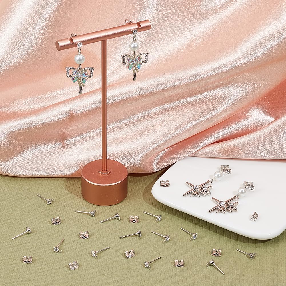 Beebeecraft 1 Box 40Pcs Stud Earring Findings Platinum Plated Cubic Zirconia Post Studs Earrings with Loop and 40Pcs Butterfly Earring Backs for DIY Earring Jewelry Making