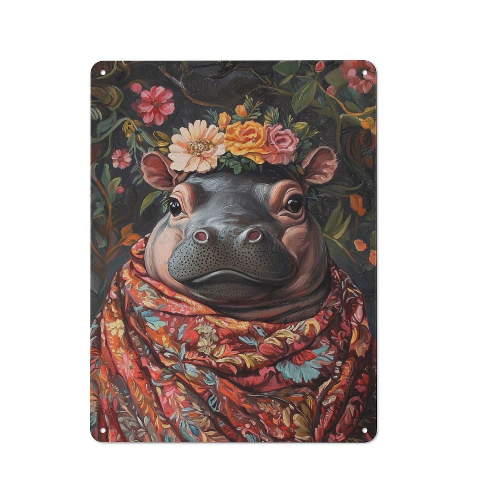 Junmoney Style-4 Tin Sign 40X30cm With Floral Hippo Portrait For Workshop Wall, Retro Decor, For Metal Sign Collectors, For Cafés, Pubs And Restaurants