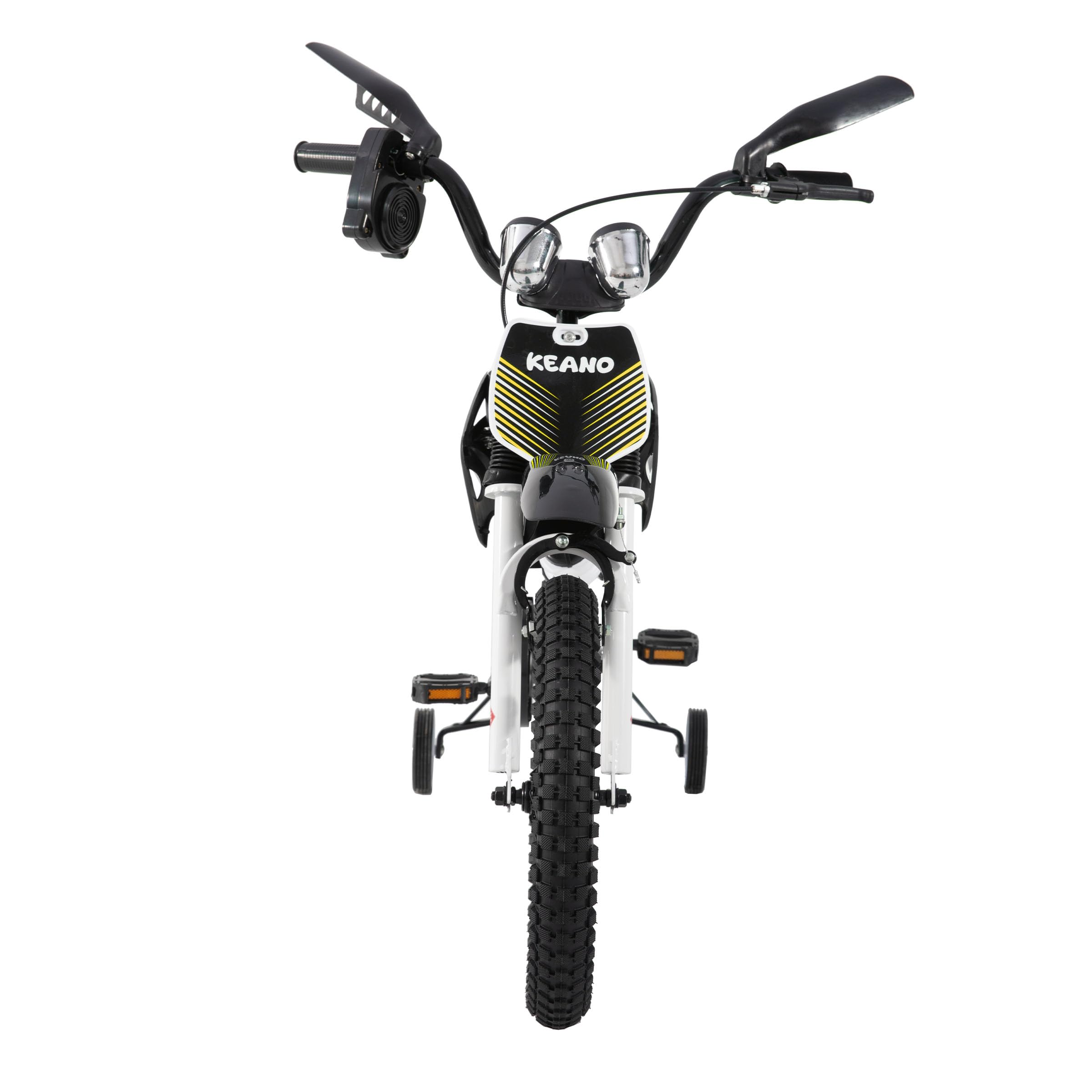 KEANO Motocross-Style-Kinderfahrrad für Jungen und Mädchen im Alter von 3–7 Jahren, 12- und 16-Zoll-Räder mit Stützrädern und Nummernschild, Kinderfahrräder in Schwarz