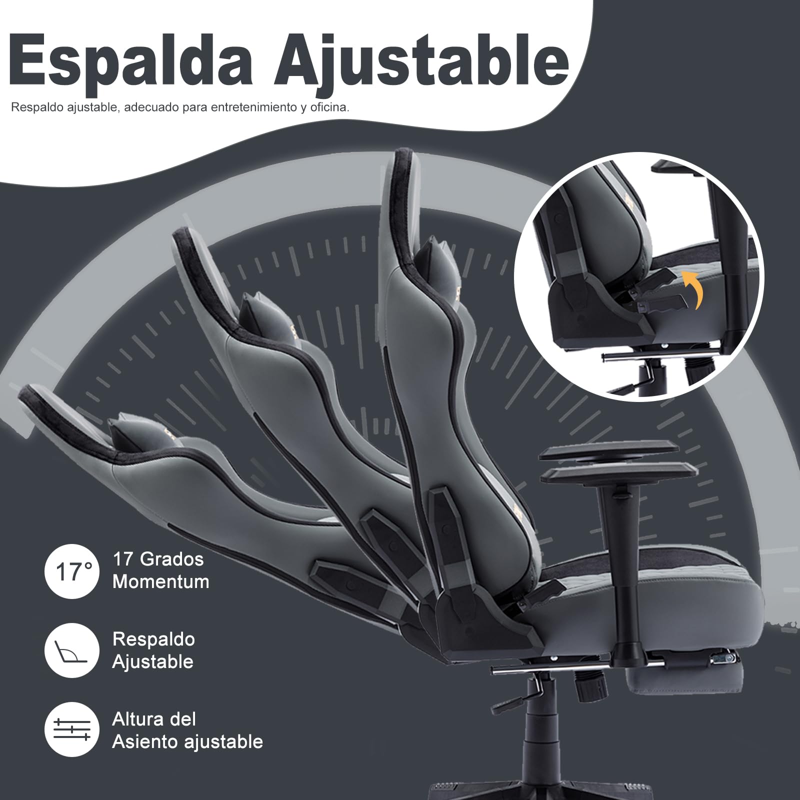 Symino Chaise Gamer Ergonomique - Fauteuil de Bureau avec Repose-Pieds Télescopique, Support Lombaire et Hauteur Réglable - 200kg (Simili Cuir Grey)