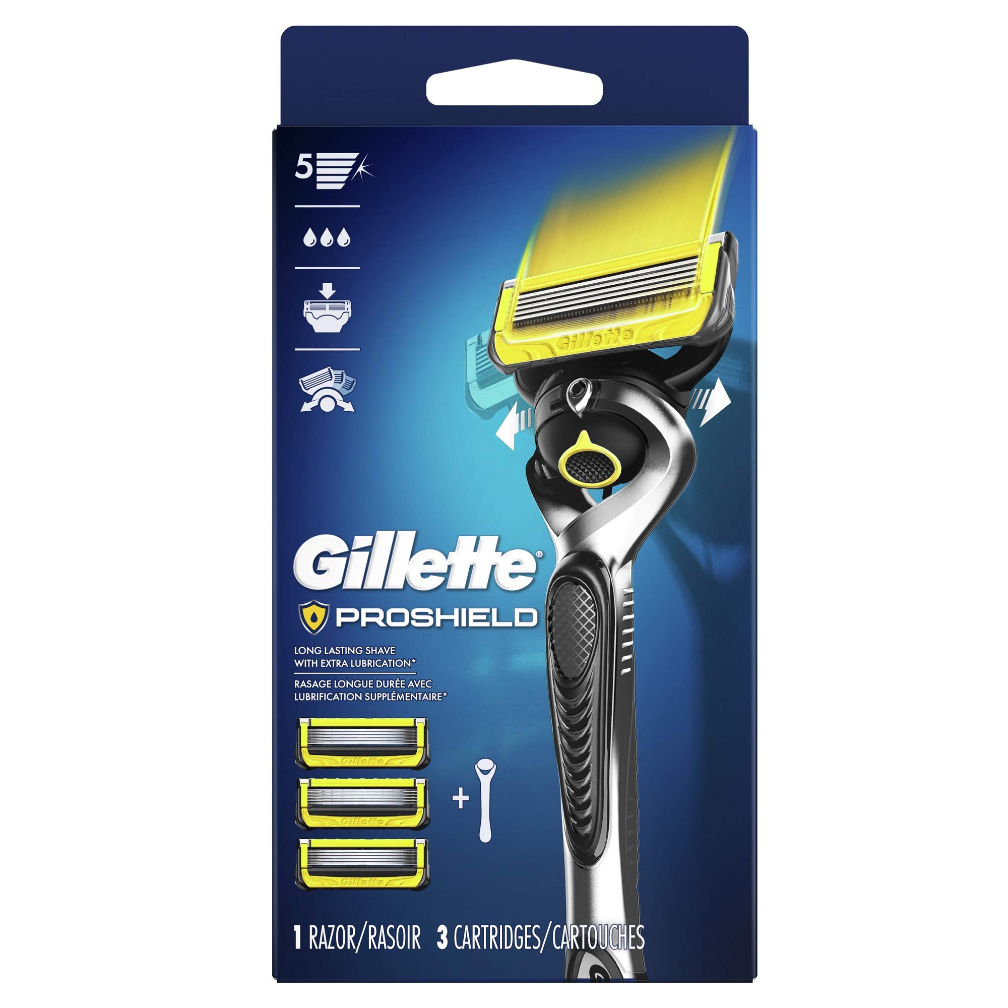 Gillette Proshield Mens Razor Handle + 3 Blade Refills, 1 Count (Pack of 1), Sylver