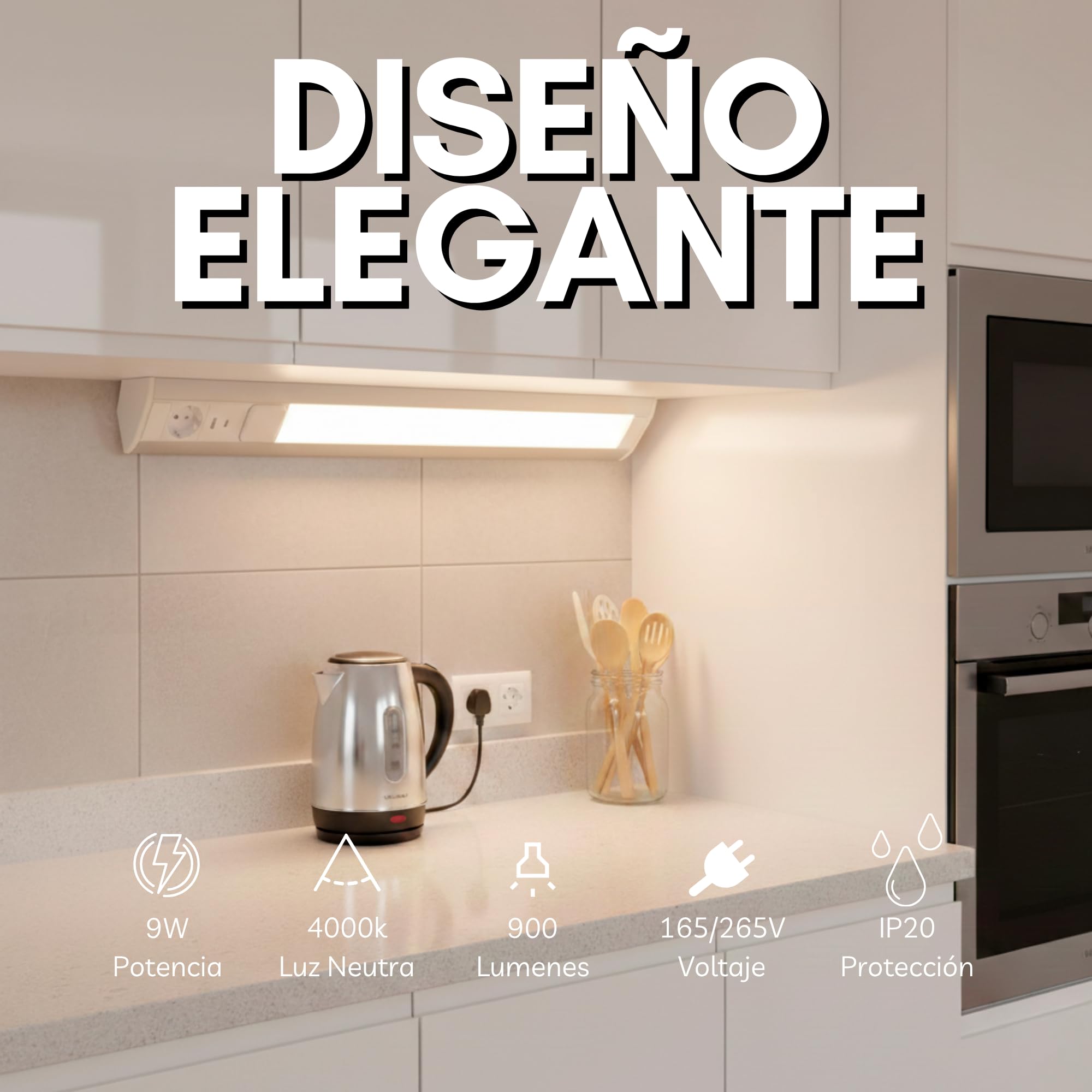 Barra LED Bajo Mueble Cocina con Enchufe Schuko y USB A+C, Regleta LED Bajo Mueble 9W, Barra LED 900lm, Regleta Enchufes para Cocina, Taller, 52 cm, Plata