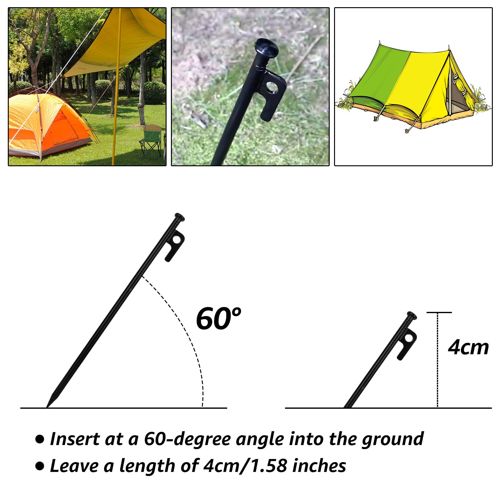 YAYODS 24 Stück Zeltheringe aus Metall, strapazierfähig, 30,5 cm, schwarz, Bodenanker mit Haken und Loch, hochfester, geschmiedeter Stahl, Camping-Zeltheringe für harte Böden, Outdoor, Reisen, Wandern