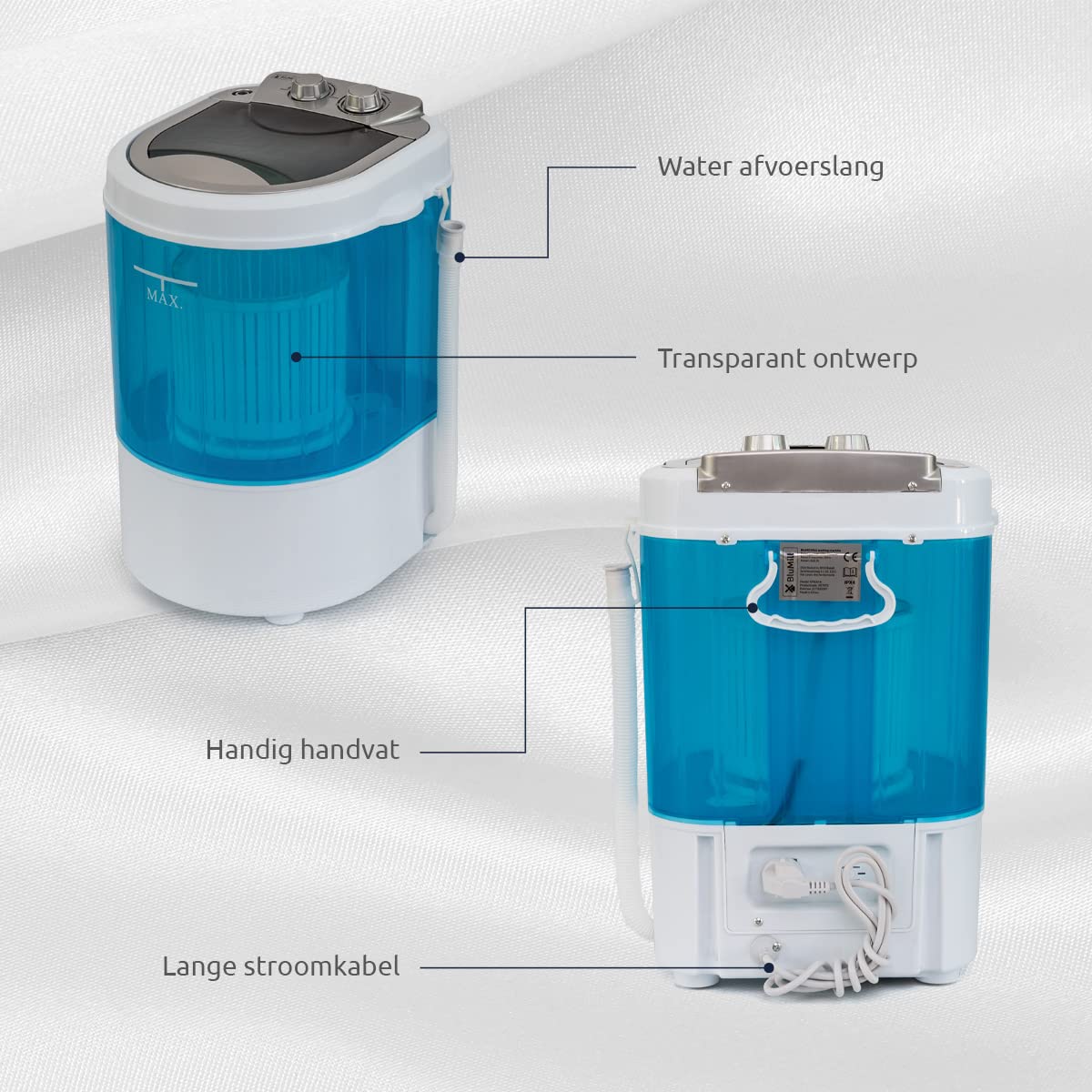 BluMill Mini Toplader Waschmaschine, mit Schleuder, Camping Waschmaschine bis zu 3 KG, Klein Und Handlich mit Tragegriff