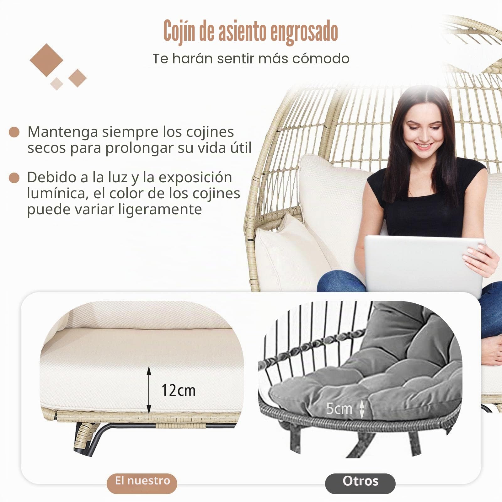 KOMFOTTEU Silla de Huevo de Ratán Sintético, Sillón de Jardín Exterior con Cojín Acolchado, Silla de Terreza con Marco de Metal, para Balcón, Salón, Carga 205 kg, 110 x 82 x 145 cm