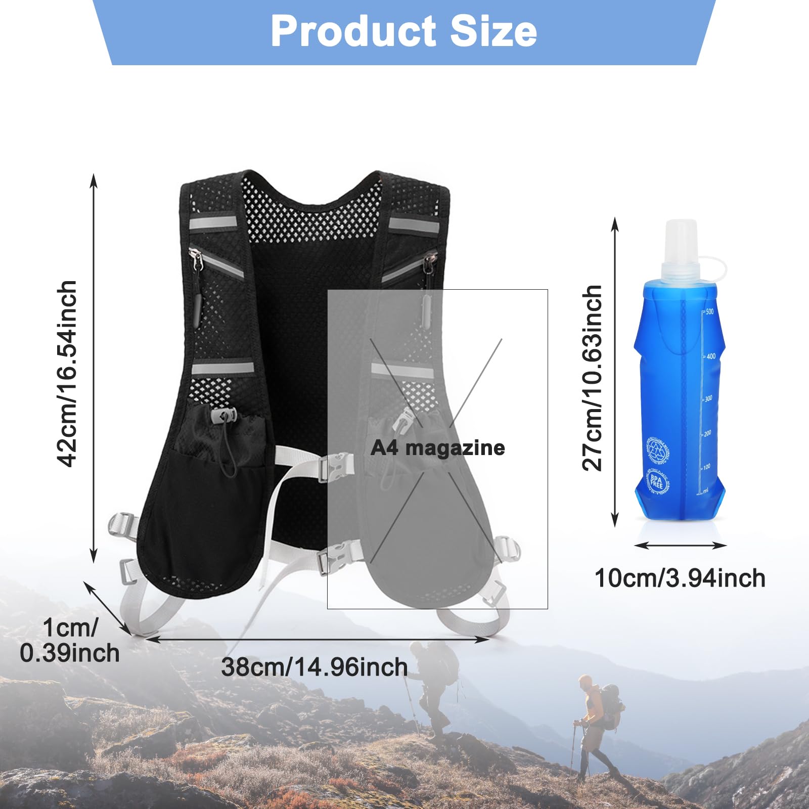 Gilet Running Super Leggero con 2 Borraccia Morbida 500ml, Zaino Trail Running per Uomo e Donna, Cinghie Pettorali Regolabili, Riflettente Traspirante per Corsa Maratona