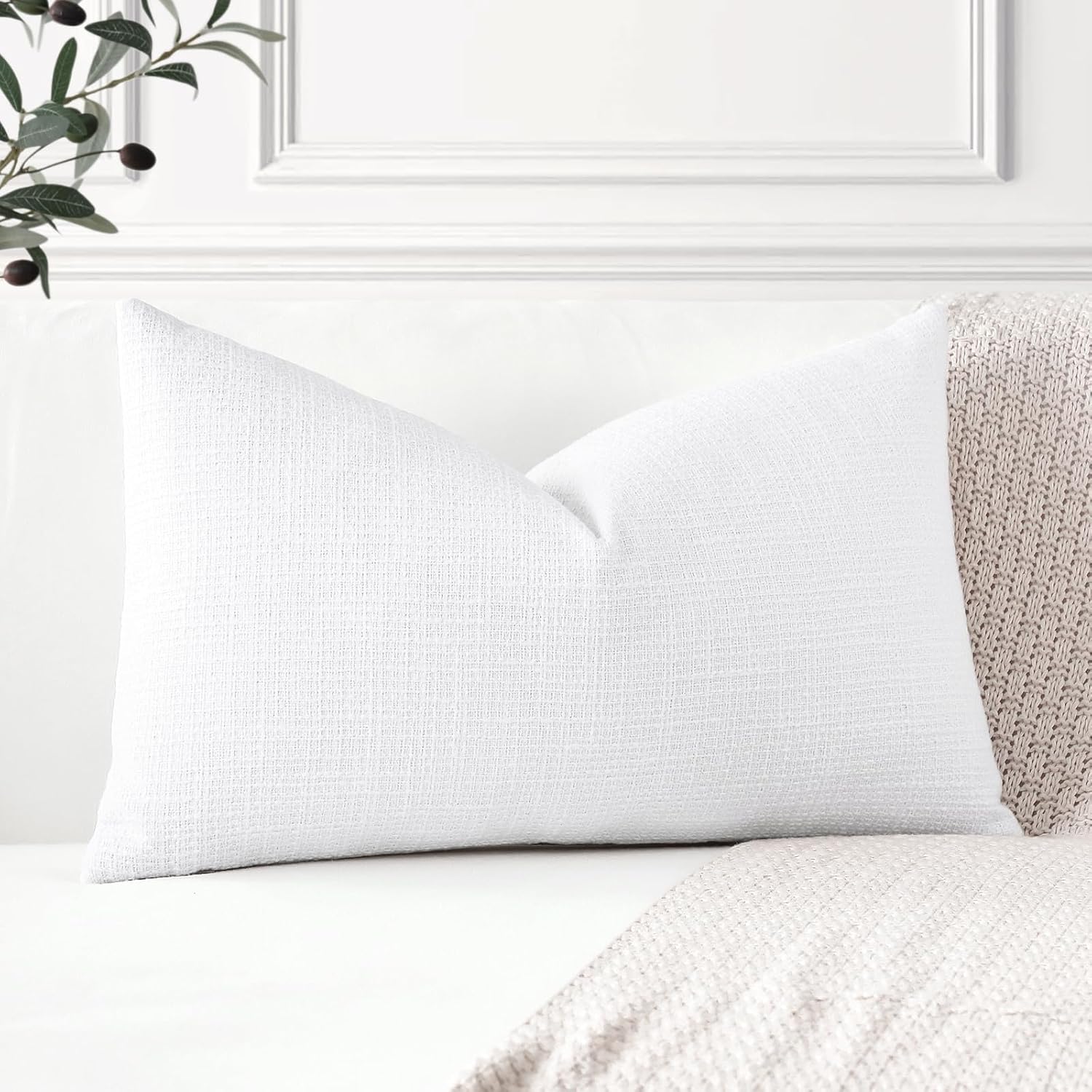 OTOSTAR Linen Throw Pillow Cover Set of 1 Decorative Lumbar Pillowcases Cushion Covers 12x20 Inch for Home Decor Sofa Bedroom Car 30 x 50CM Pure White - Image 4