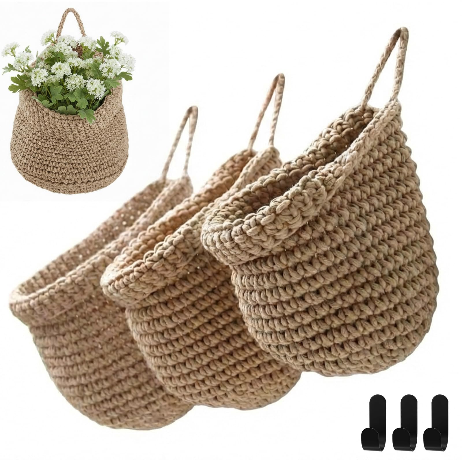 Honeydak 3 Hanging Baskets, Light Brown, Wide Bucket Basket