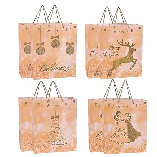 Dimetey Christmas Paper Gift Bags, 8Pcs 12.6''*10'' Large Christmas Bags with Assorted Designs, 4 Assorted Xmas Tree Snowflake Designs for Christmas Thanksgiving New Year Party Favor (Gold)