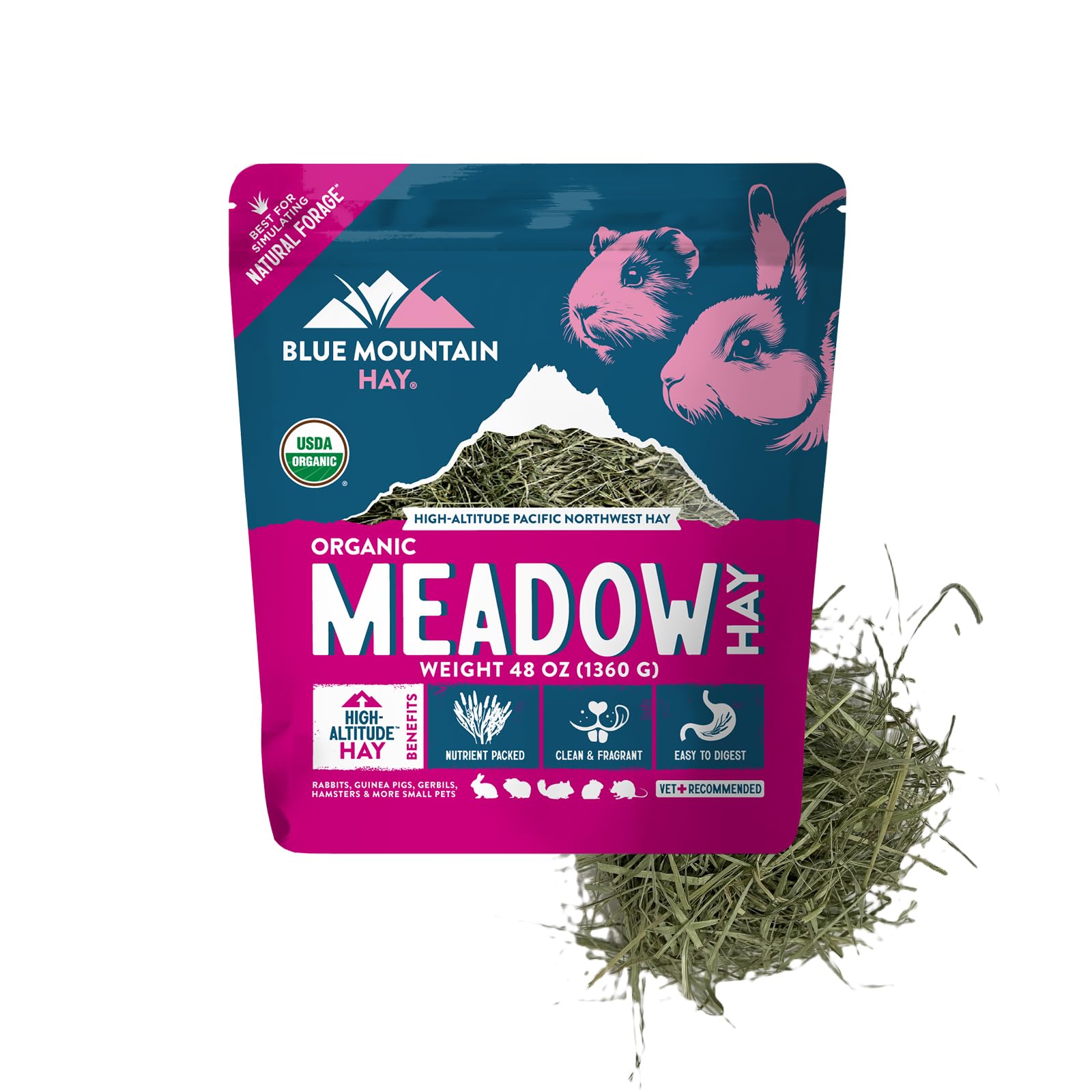 Blue Mountain Hay Organic Meadow Hay for Small Pets, Natural Forage, 48oz