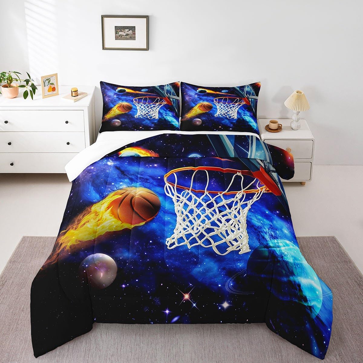 Castle Fairy Basketball Comforter Set Twin Size,Basketball Hoop Duvet Insert for Kid Teen Boys Girls Room Decor,Galaxy Planet Quilted Duvet,Outer Space Quilt Cover with 1 Pillowcase