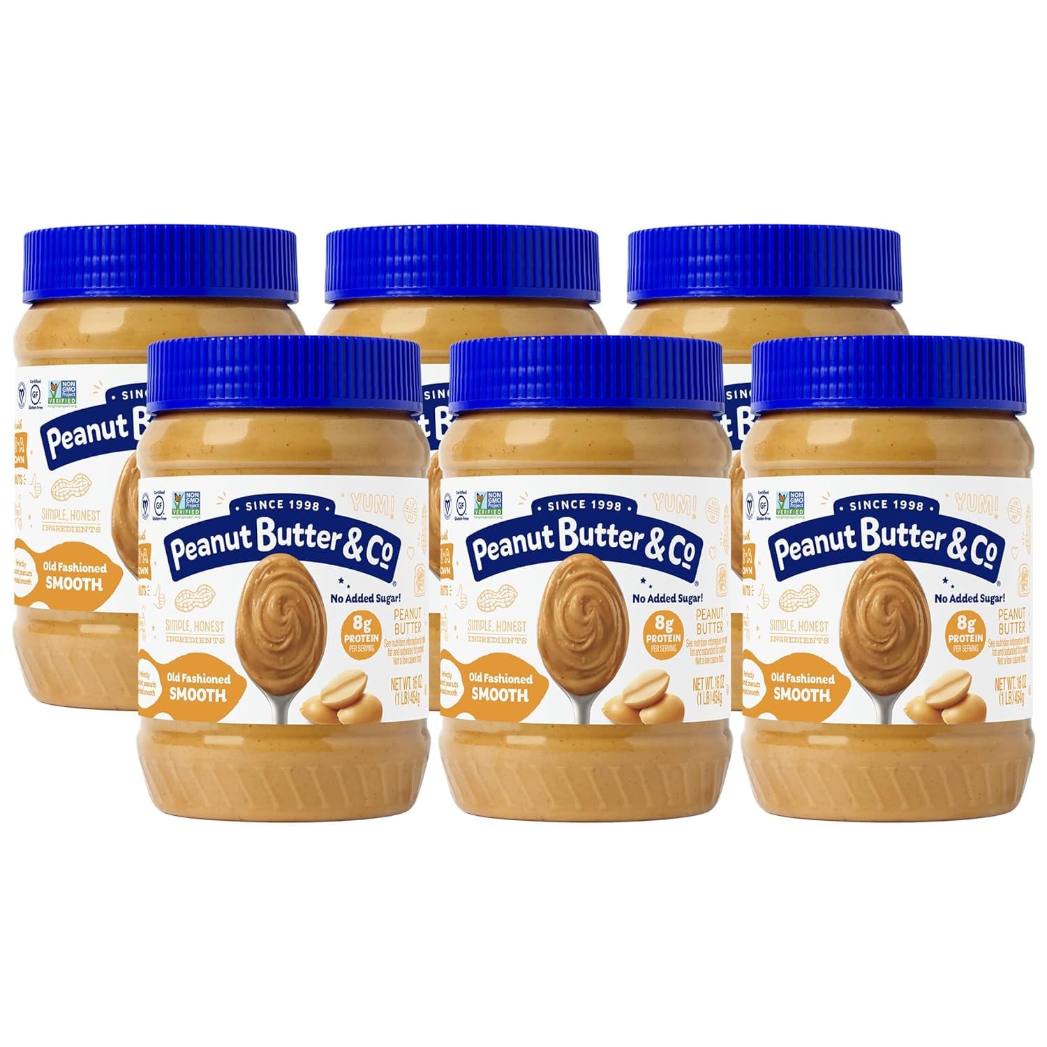 Peanut Butter & Co. Old Fashioned Smooth Peanut Butter, 8g Protein, Non-GMO Project Verified, No Sugar Added, Gluten Free, Vegan, 16 Ounce (Pack of 6)