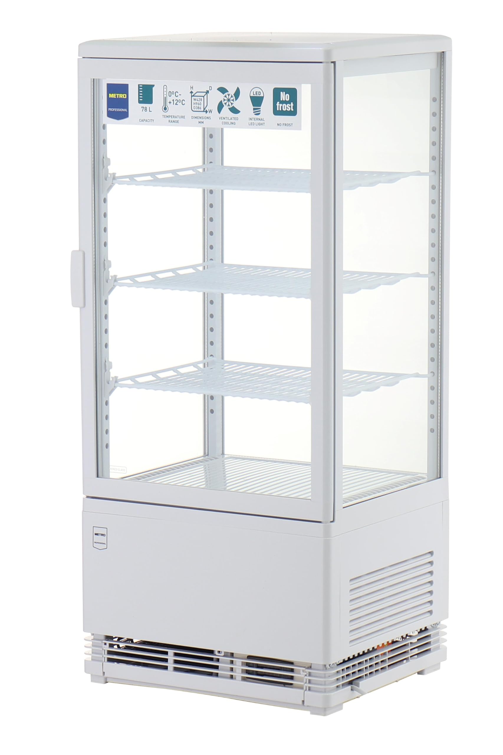 METRO Professional Vetrina Refrigerata GGC2078, Plastica/Vetro, 78 L, Termostato Digitale, Illuminazione LED, 3 Ripiani Regolabili, Bianco