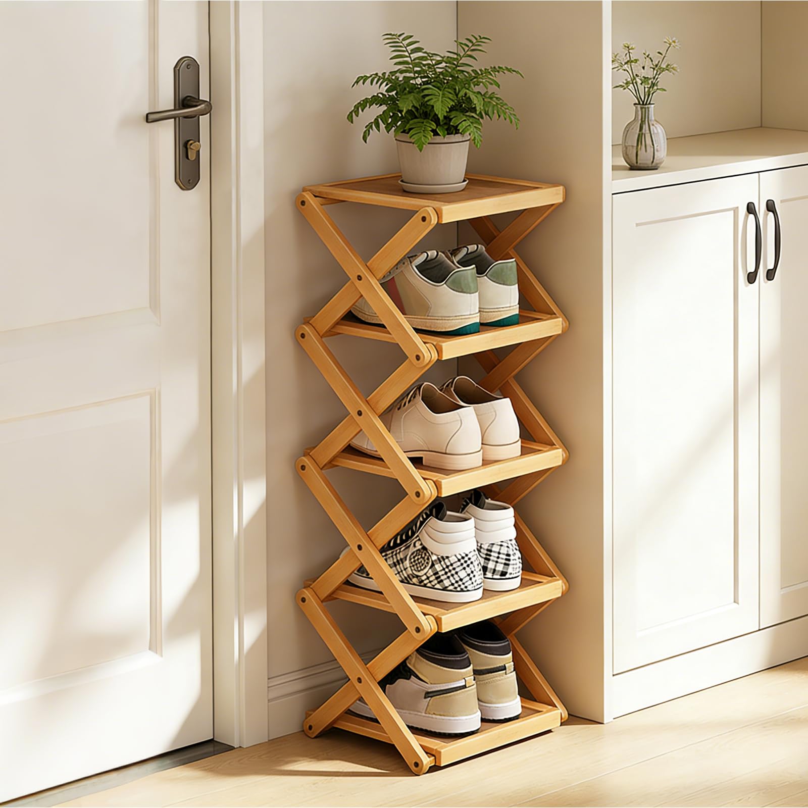 YYW Shoe Rack, Foldable Shoes Organizer Free Standing Shelf for Entryway, Closet, Hallway, Foldable X Shape Multi Tier Shoe Rack (Wood Color,5 Layers)