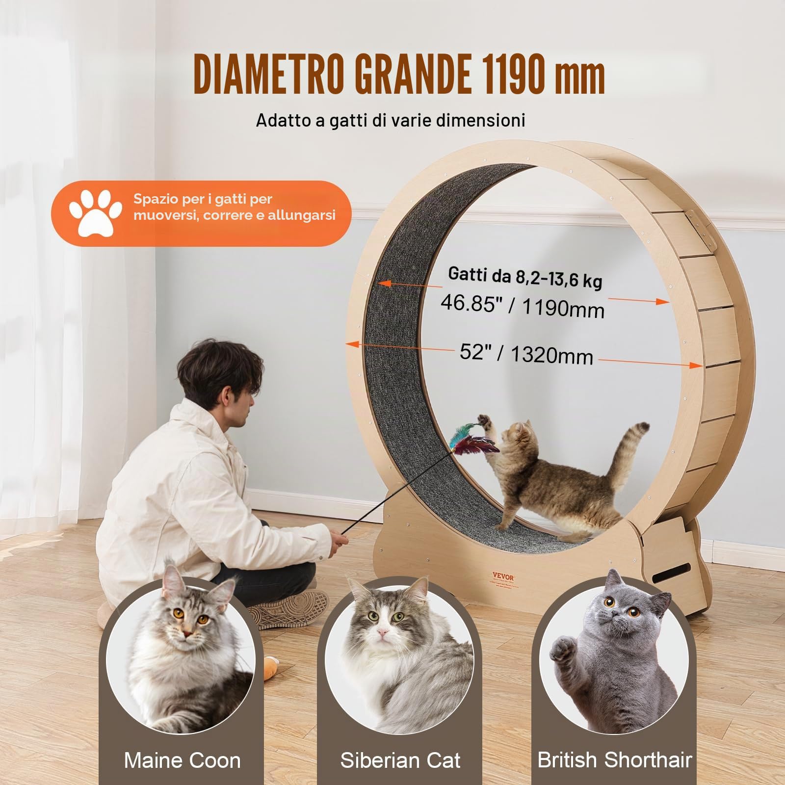 VEVOR Cyclette per gatto in Legno, Tapis Roulant Diametro 1320 mm, Ruota per Esercizi con Tappeto Rimovibile per gatto