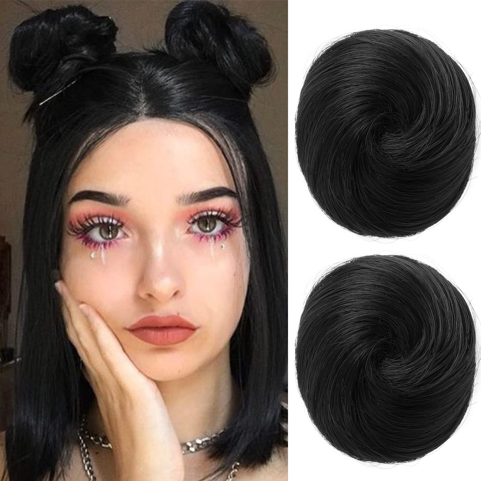 Space Bun Hair Pieces, 2 PCS Mini Claw Clip in Messy & Cat Ears Fake Hair Bun Extensions HB001 Wig Accessory Updo Hairpieces for Women (Pack of 2-3" Straight, Natural Black)
